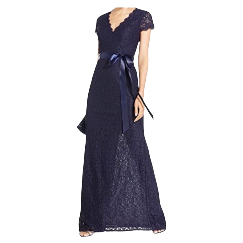 Adrianna Papell Lace V-Neck Wrap Front Mermaid Gown Cap Sleeve Size 8p